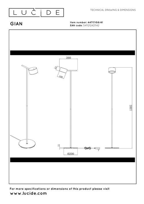 Lucide GIAN - Vloerlamp - LED Dimb. - 1x9W 2700K - Taupe - technisch